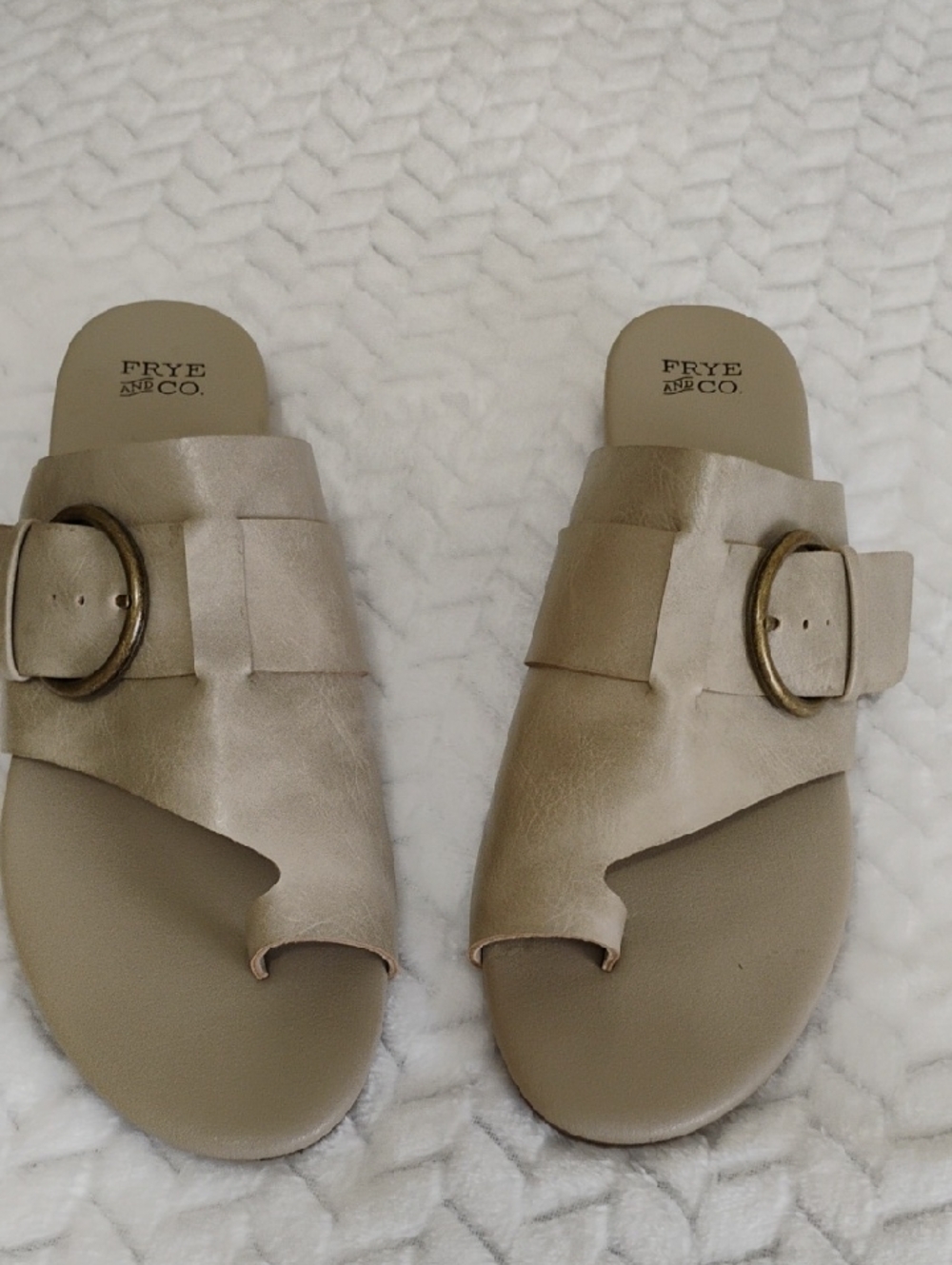 FRYE AND CO. Metallic Taupe Slide Sandals with Buckle Detail